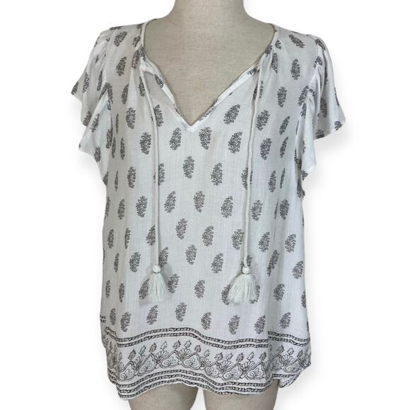 Lucky Brand flutter sleeve top, ladies medium white gray boho tassel tie top - Picture 1 of 7